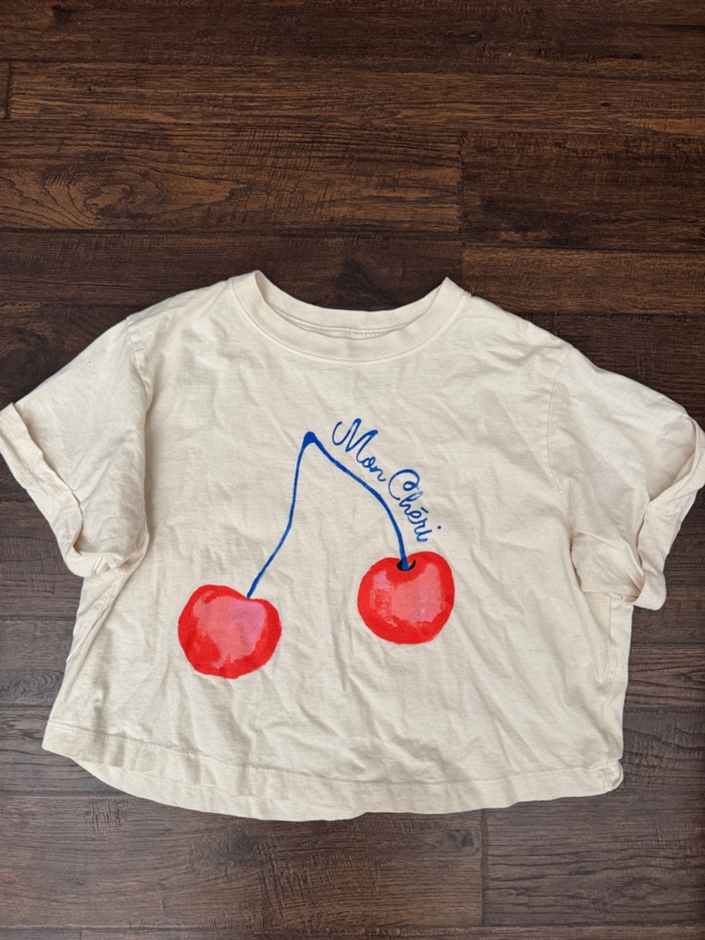 Mon Cheri Cream Crop Tee with Red Cherry Graphic